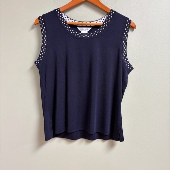 Exclusively Misook Tank Cardigan Set Petite L Quiet Luxury Navy Polka Dot Knit - Picture 4 of 13